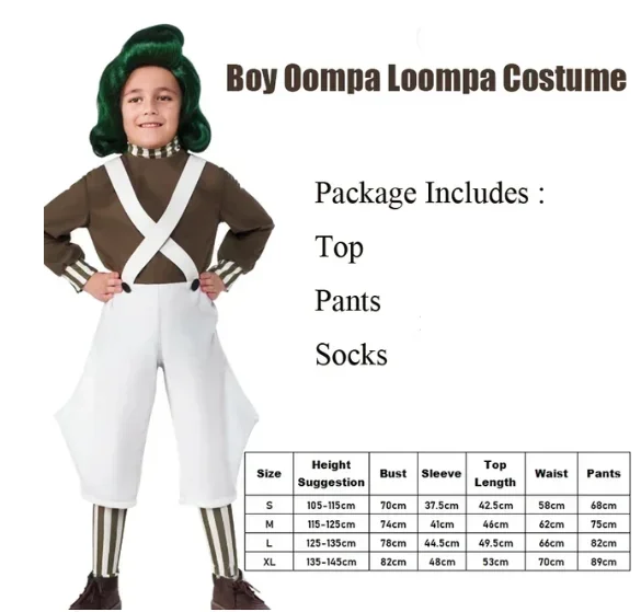 Costume de Cosplay de Willy Charlie, Chocolat, Usine Oompa, Déguisement, Combinaison pour Enfants, Haut, Pantalon, Tenues