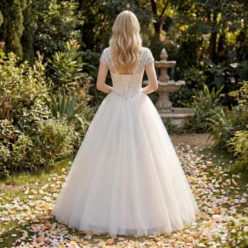 Cap Sleeve Lace Wedding Dress Women Illusion Neck Sparkly Tulle Ball Gown Floor Length Princess Bridal Dress Vestidos De Novia