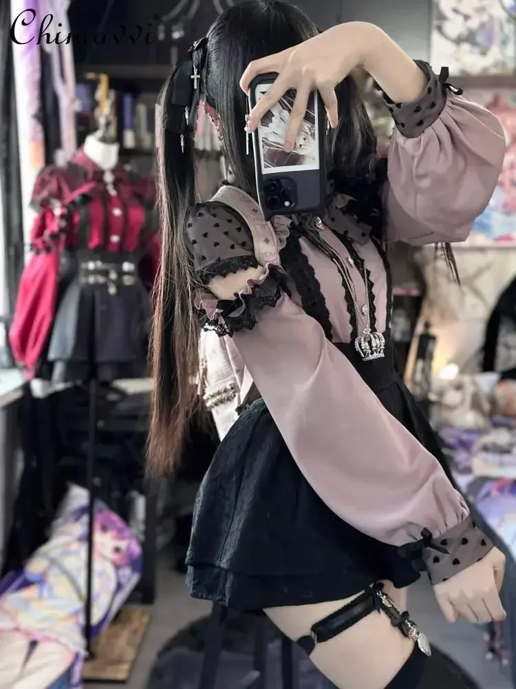 Japanische Mine Massenproduzierte süße Mädchen Spitze Schleife Off-the-Shoulder Langarm Shirt Herbst neue Damen Lolita Bluse Y2k Tops