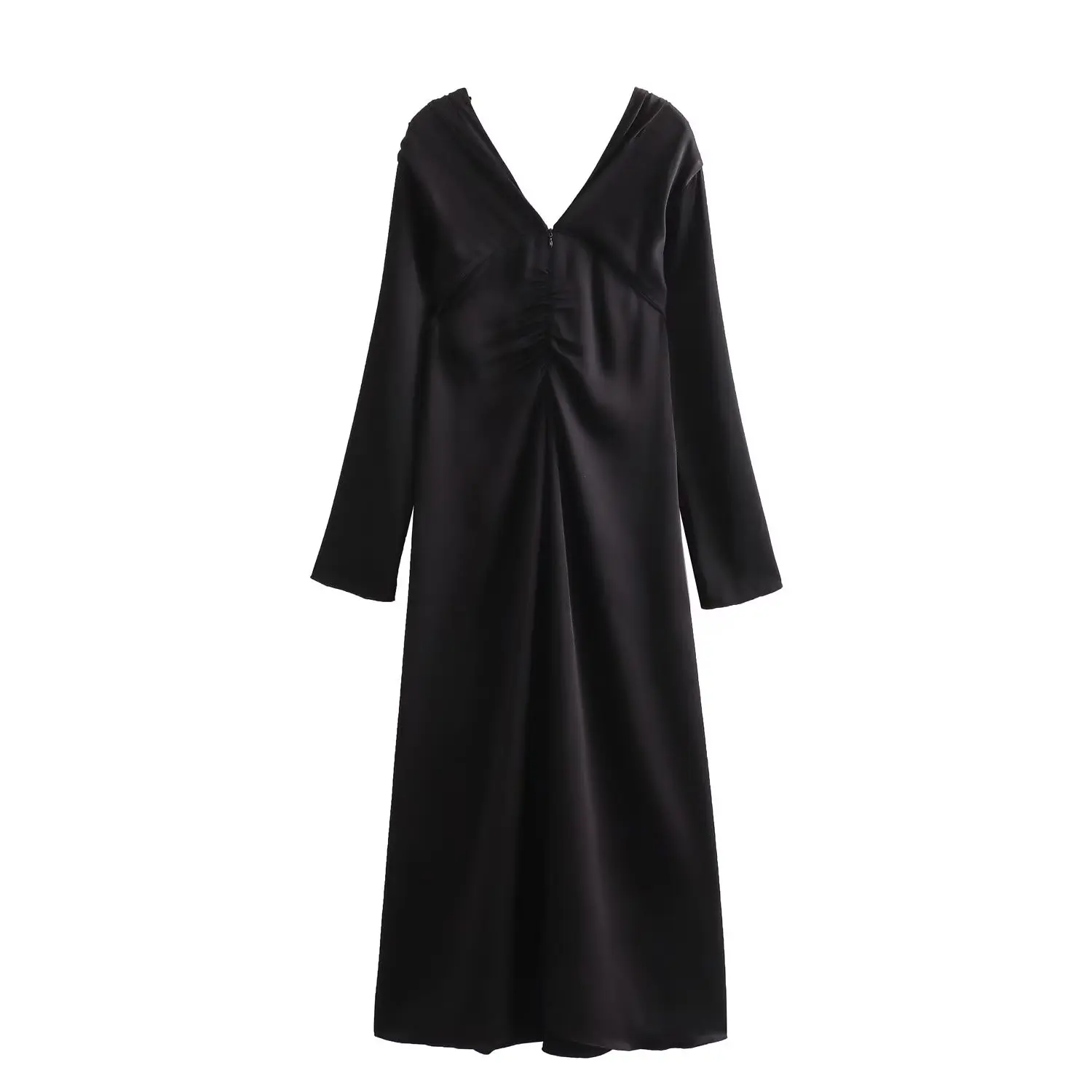 Verwelkte französische Vintage modische Satin schwarz Kleid elegante V-Ausschnitt plissiert lässig Party kleid Frauen