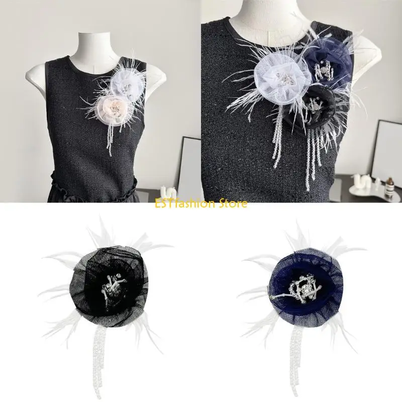 y5gc-フリンジフラワーブローチウェディングドレス用羽ショールクリップイブニングパーティーコスチュームアクセサリーコサージュピン