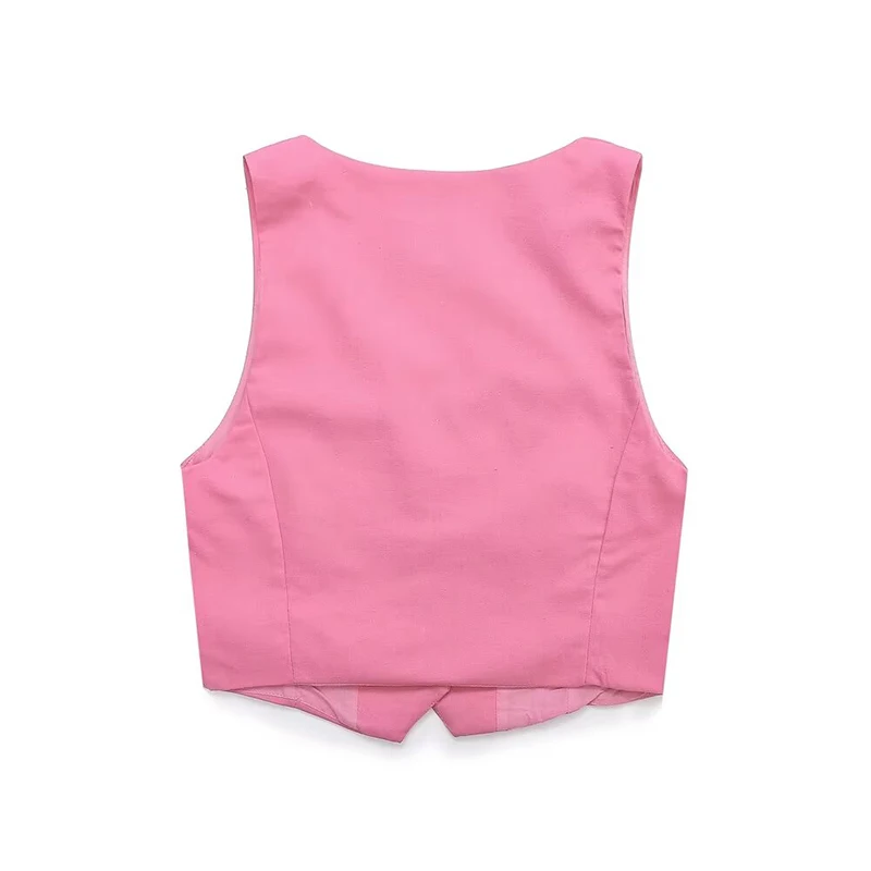 YENKYE New Women Pink Side Slit Vest Sleeveless V Neck Single Breasted Female Summer Crop Top High Street