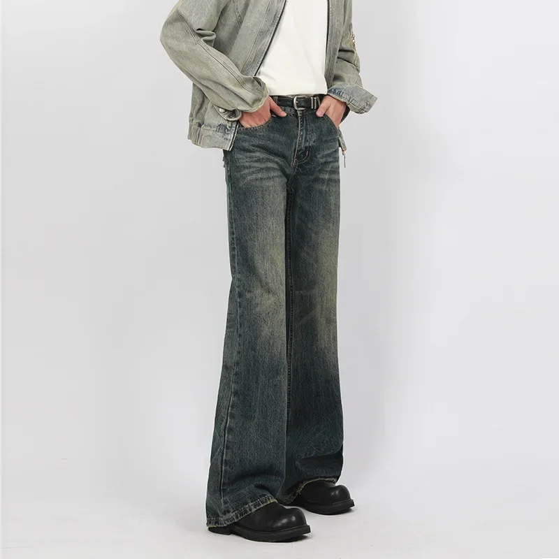 

Pop American Vintage Wash Micro-flared Jeans, Men's Four Seasons New Fashion Loose Straight Wide-leg Pants,Casual Floor-length J