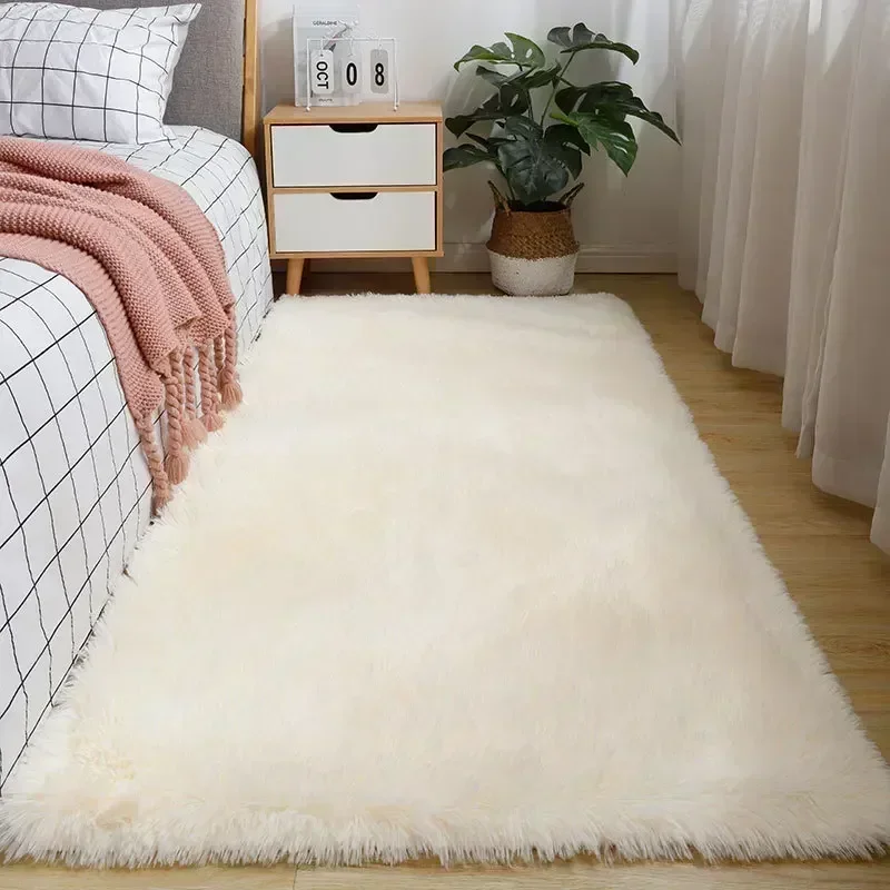 Fluffy Cream White Sheepskin Rug Silk Wool Rugs for Bedroom and Living Room Decor Kids Livingroom Bedroom Floor Mat Fur Rugs