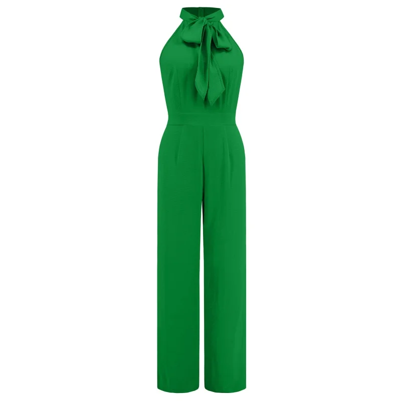 Sexy Slim Temperament Jumpsuit, Sleeveless, Stand-up Collar, Bowknot, Straight Long Pants, Summer, Hot, 2024