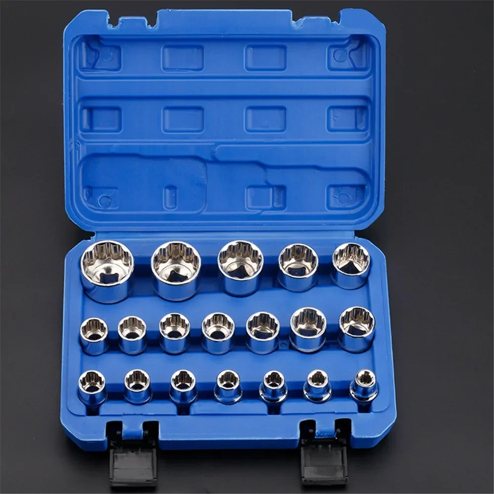 8-32mm 12 Point Socket Wrench Set with Storage Box Lock Socket Torx Hex Torx Splined Bit Sockets Set 1/2” Hex Repair Tool Kit