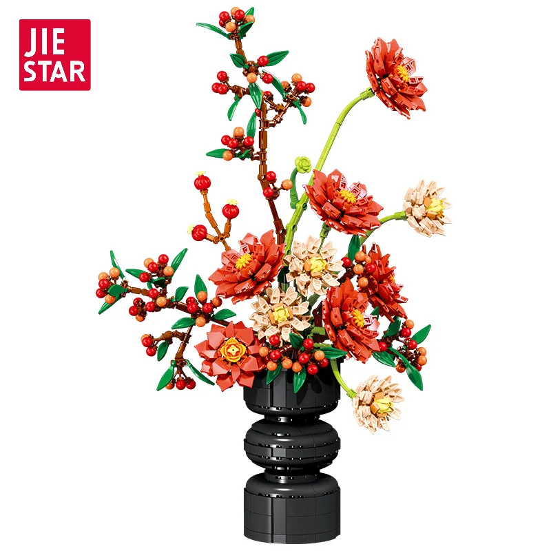 JIE STAR DIY Building Block Preserved Flower Assembly Simulated Dahlia Model Potted Plant Decoration New Product