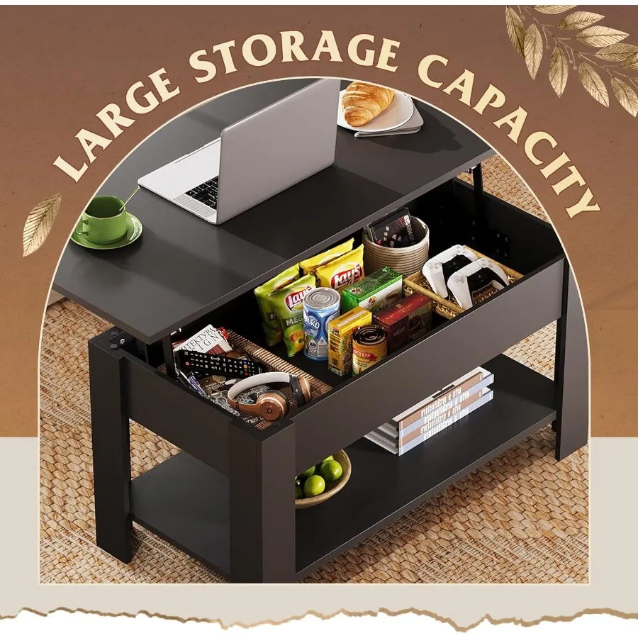 طاولة القهوة WLIVE 39 طاولة القهوة العلوية مع رف تخزين مقصورة مخفية ورفع علوي لغرفة المعيشة المنزلية والمكتب أ #4
