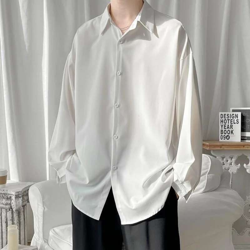 Black Long-sleeved Shirts Men Korean Comfortable Blouses Casual Loose Single Breasted Shirt