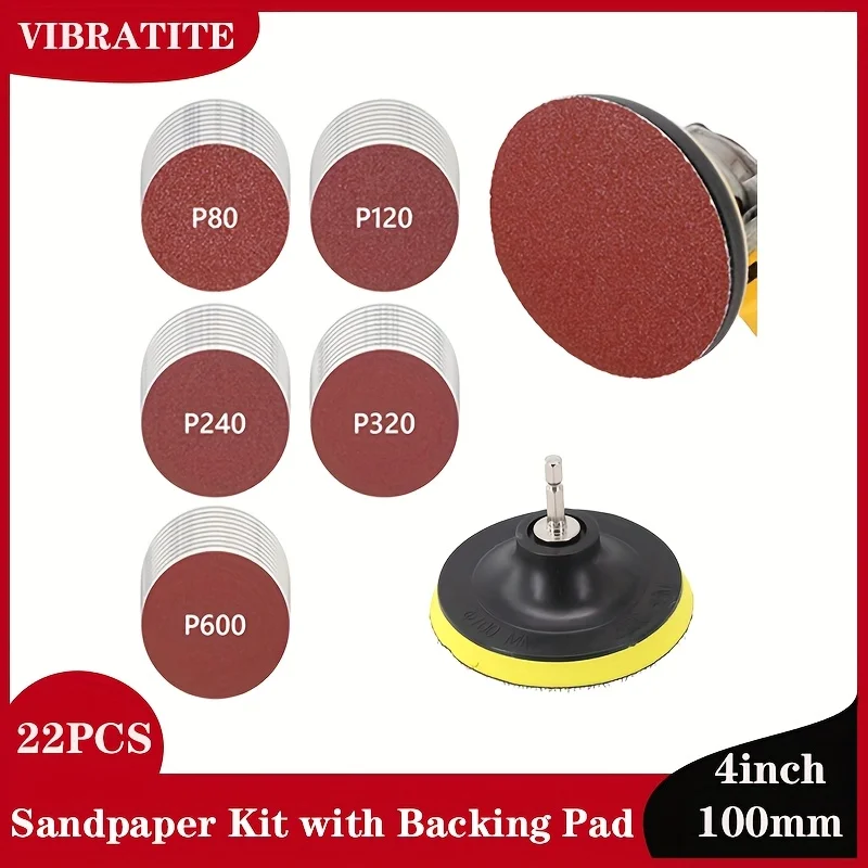 Juego de papel de lija de 4 pulgadas, 22 piezas, incluye almohadilla de respaldo roscada M10 y varilla 80/120/240/600 #   Óxido de aluminio para pulido de automóviles de metal y madera