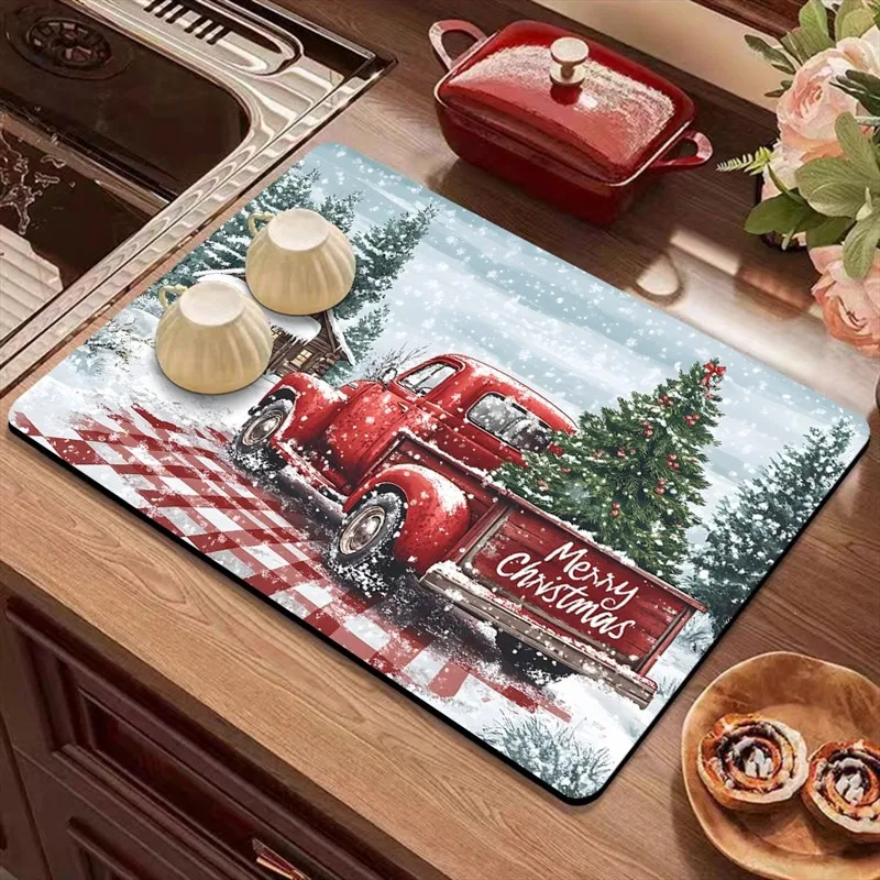 VIKAMA Diatomite Drying Mat, Super Absorbent Quick Dry Non-Slip Heat Resistant Kitchen Counter Christmas Truck Decor