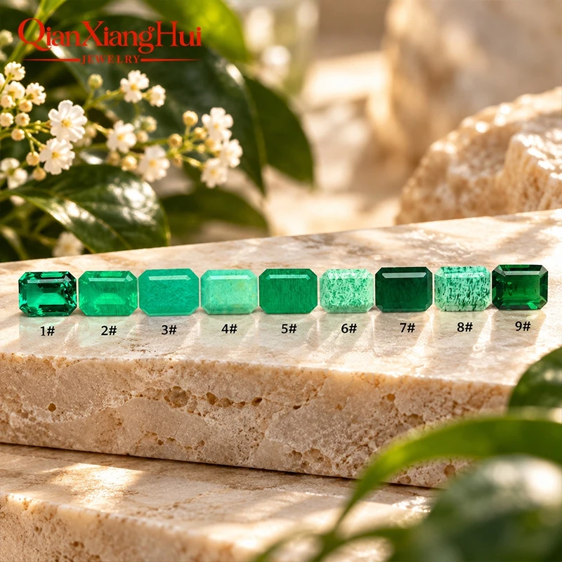 9 Colors Transparent or Opaque Green Rectangular Lab-Grown Hydrothermal Emerald with Minor Inclusions for Jewelry Designs