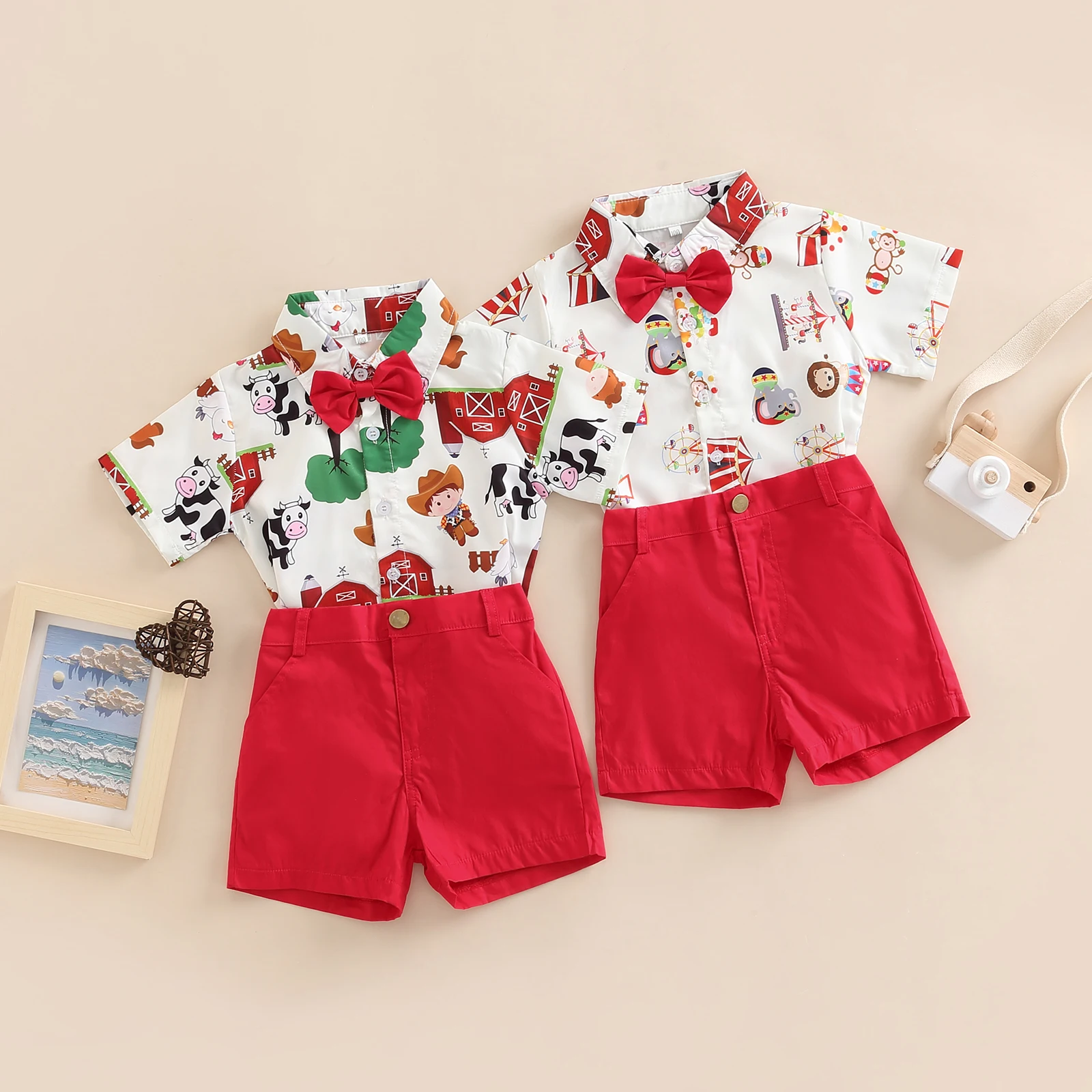 Toddler Kids Boys 2 Pieces Outfits Farm/Circus Cartoon Animal Print Short Sleeve Shirts with Bow Tie + Solid Color Shorts Set