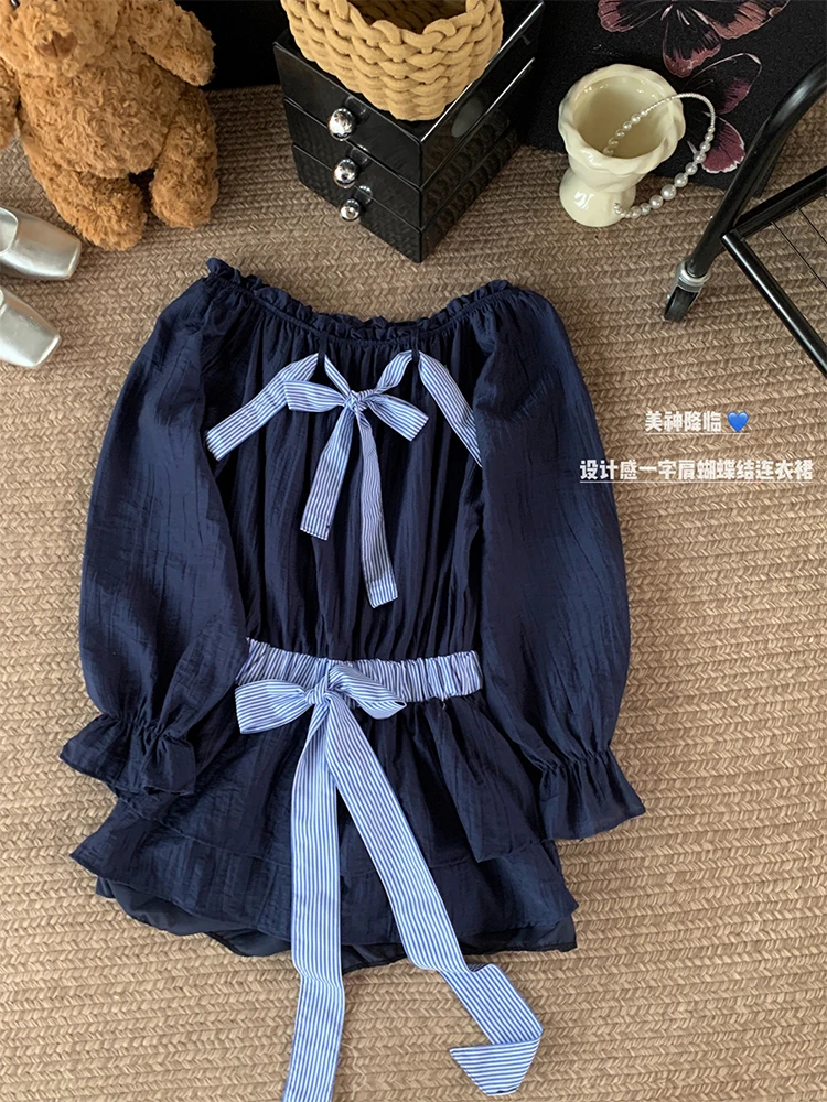 Women Blue A-line Bow Dress Vintage Long Sleeve Mini Lace Dresses Y2k Elegant One Piece Frocks 2000s Fashion Clothes 2024 Summer