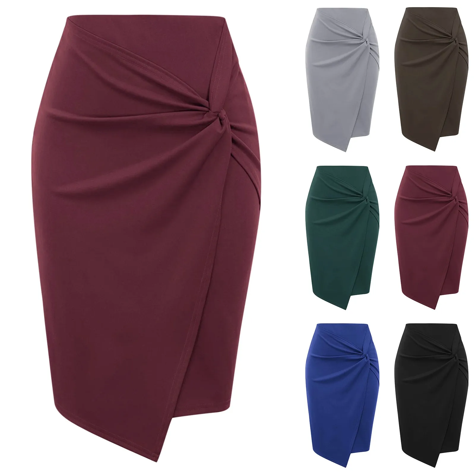 

Hot Women Solid Color Twisted Pencil Skirt Summer High Waist Sexy Style Stretch Wrap Ladies Office Work Midi Skirts Jupe Femme