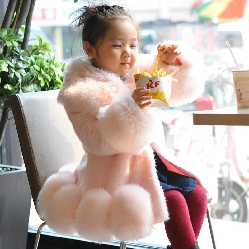 Winter Clothes for Girls 2023 New Kids Boutique Coat Thicken Korean Imitation Fur Autumn Fox Hair Cotton Warm Large Fur Collar