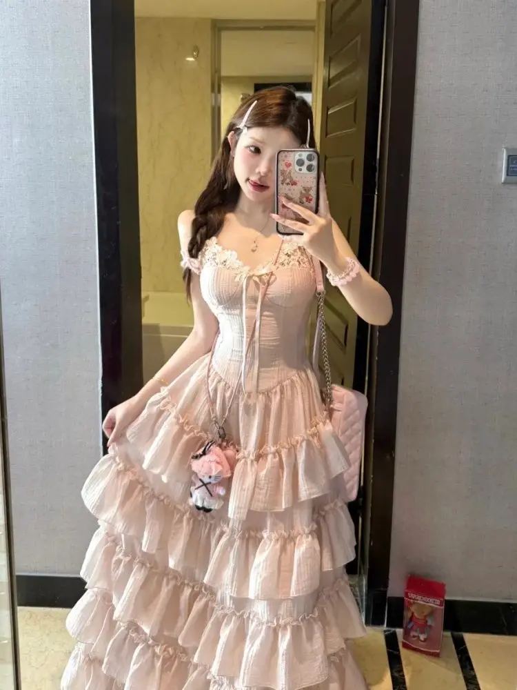 Designer Sweet Lace Slim Patchwork Long Slip Dress Women France Fashion Elegant Summer Temperament Gentle A-line Dresses New