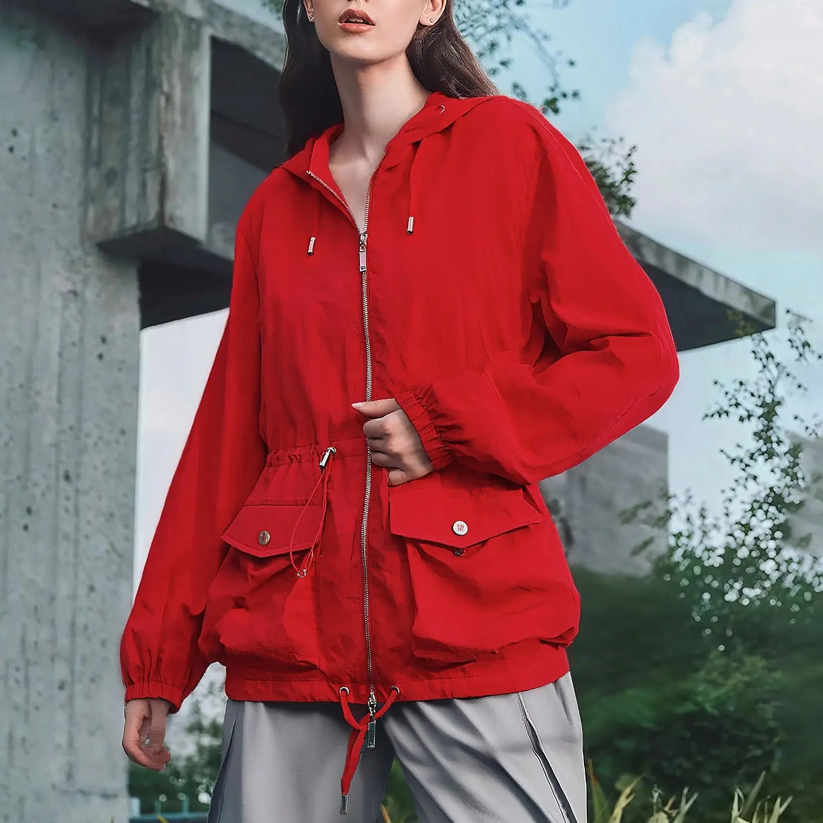 CHCH Women's Jacket Fashion Spring Autumn Outdoor Windproof Lady Stormtrooper Jacket Drawstring Waist Design Female Thin Coat
