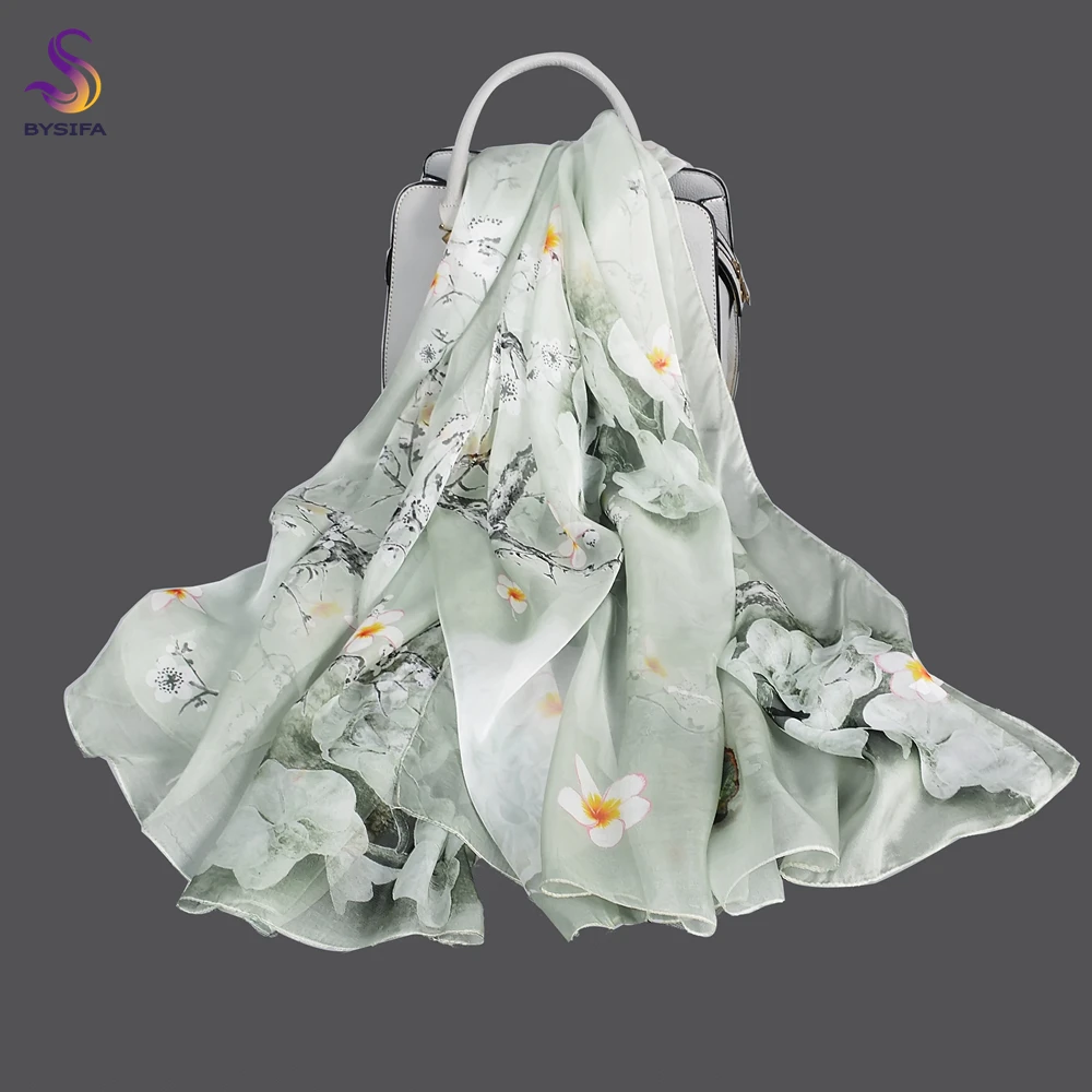 [BYSIFA] Grey 100% Silk Scarf Shawl Fashion Daisy Design Long Scarves Women Summer Utralong Beach Shawl Winter Scarves180*110cm