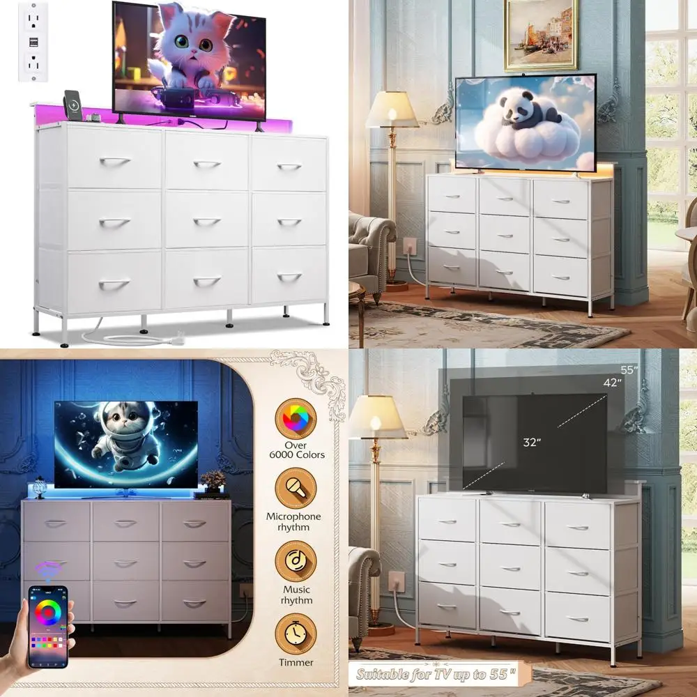 حامل تلفزيون لأجهزة التلفاز مقاس 45-55 بوصة: مركز ترفيهي مزود بمصابيح LED ومحطة شحن وطاولة وحدة تحكم الوسائط
