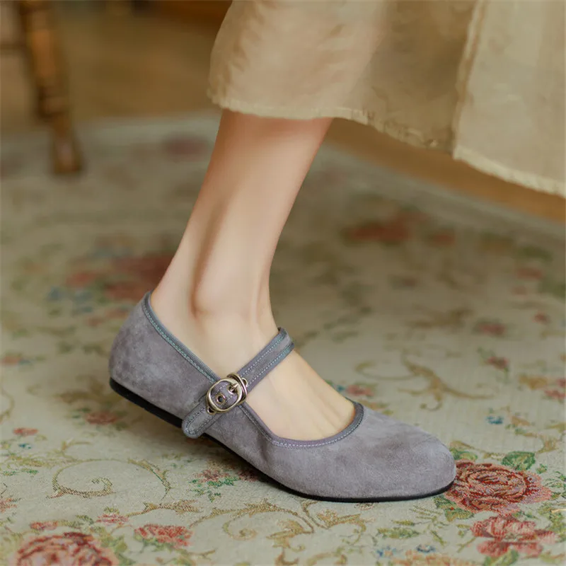 New Sheep Suede Mary Jane Shoes for Women LEISURE Buckle Women Pumps Round Toe Low Heel Shoes Woman Zapatos De Mujer Flat Shoes