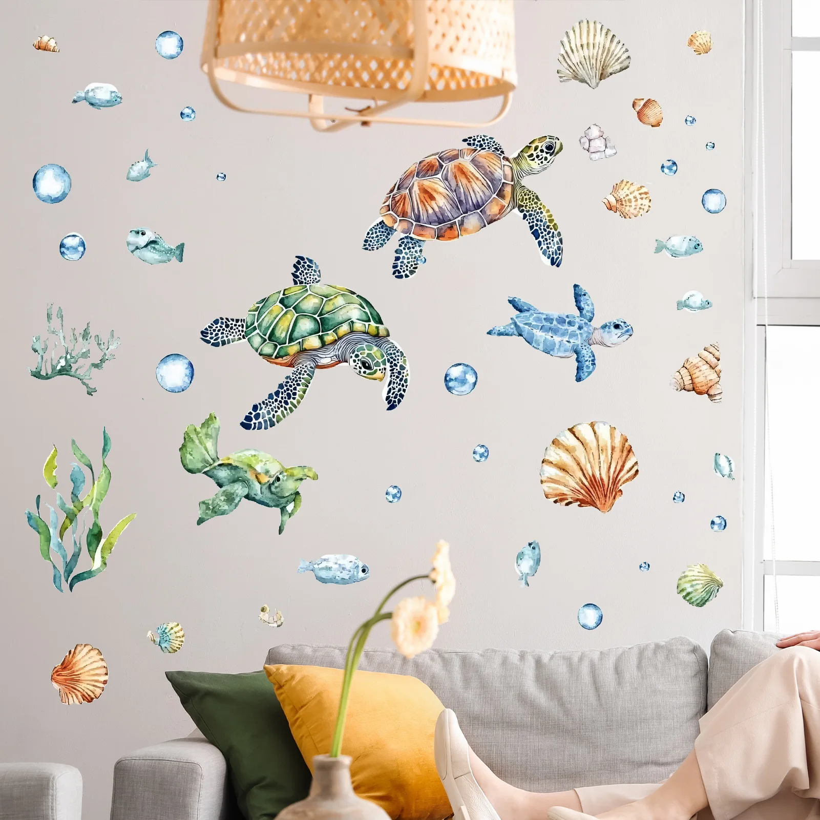Cartoon Ocean Animal Wall Stickers Turtle Shell Seaweed Waterproof Removable Decals for Bathroom Wall Bathtub Home Decor
