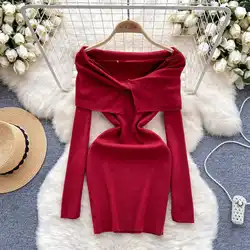 Autumn Sexy Package Hips Slash Neck Mini Dress Summer Fashion Y2K Knitted Bodycon Ladies Dress Korean Party Vestidos