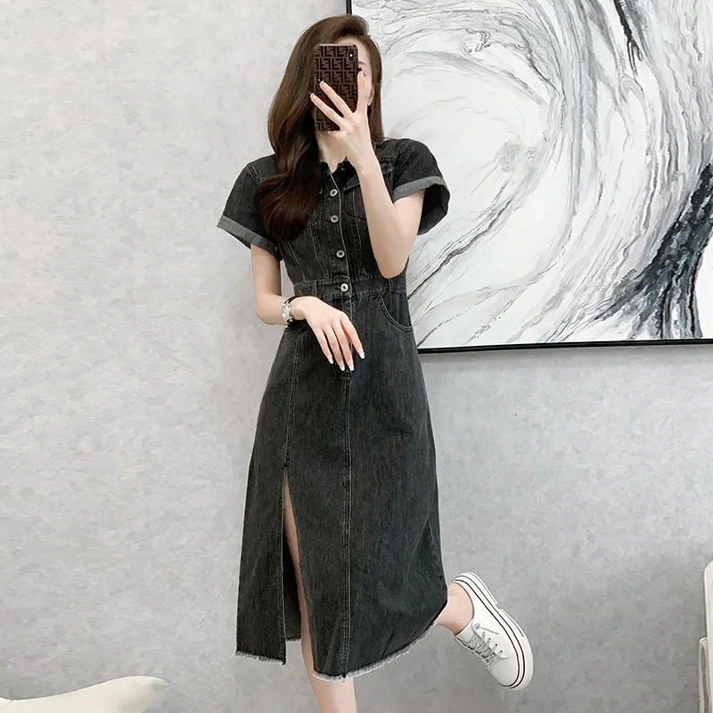 Comfortable Niche High-end Design Split Denim Dress Women's Summer New Collection Waist Cinching and Slim Denim Mid Length Skirt