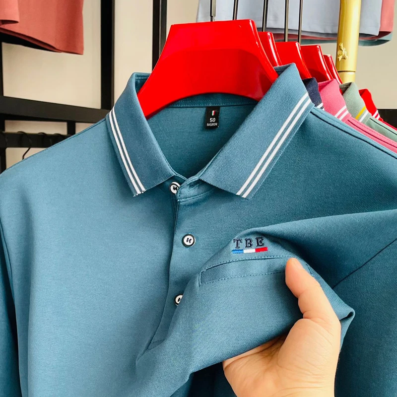 

High end brand long sleeve polo shirt letter embroidery luxury pocket solid color autumn new men's fashion striped lapel T-shirt