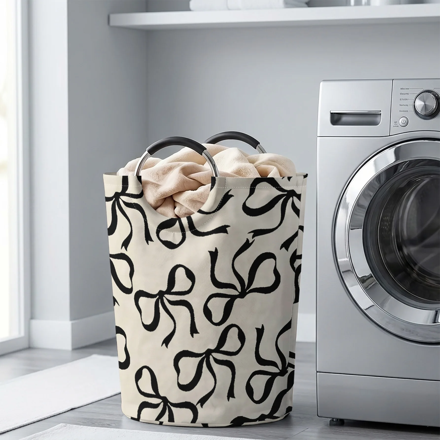 Beige Background Black Hand Drawn Bows All Over Print Handheld Storage Basket, For Laundry, Bedroom & Home Sundries Storage