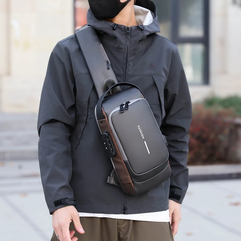 Wasserdichte Herren-Brusttasche, diebstahlsicherer Umhängetaschenrucksack mit USB-Ladeanschluss, Einzelschultertasche für Outdoor-Sportarten – Detail 4