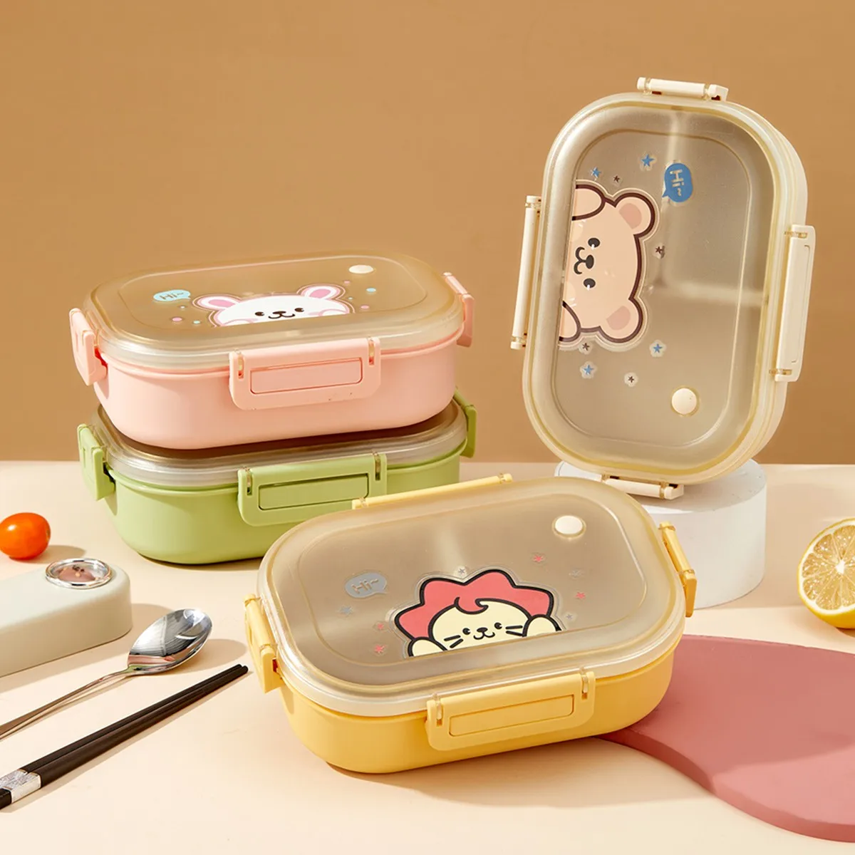 Detachable 3 Grids Cartoon Plastic Bento Lunch Box For Students Kids Leak-proof Picnic Fruit Salad Food Container Microwave Safe