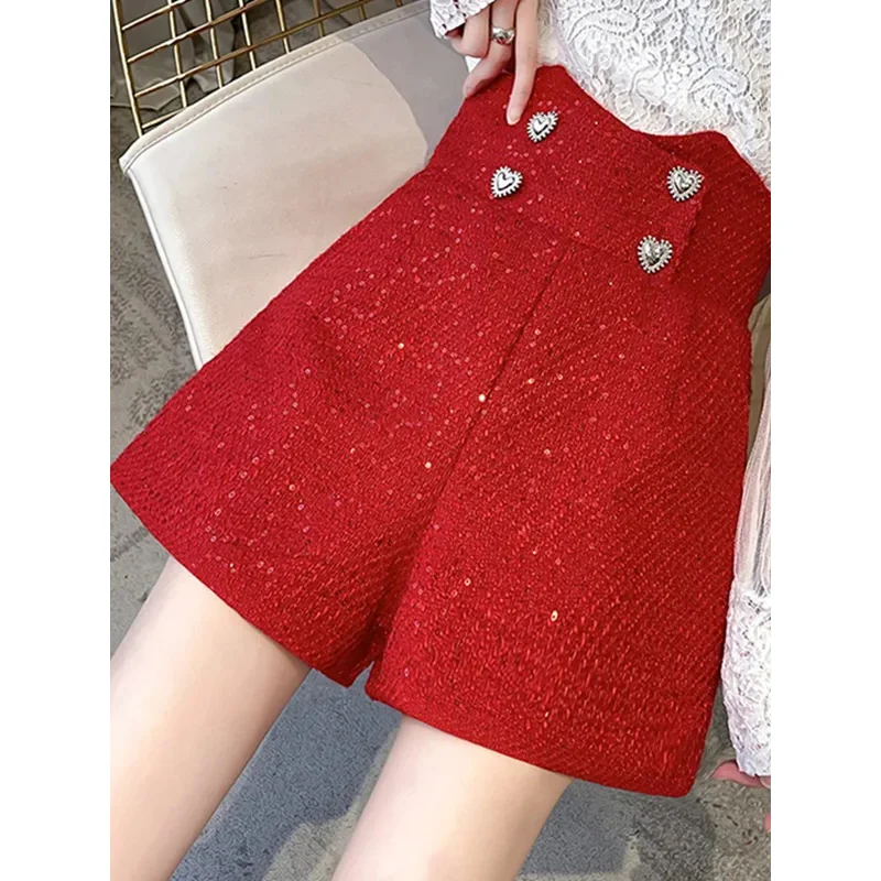 

Women Fashion Front Love Metal Buttons Tweed Shorts Vintage High Waist Woollen Female Short Pants Mujer