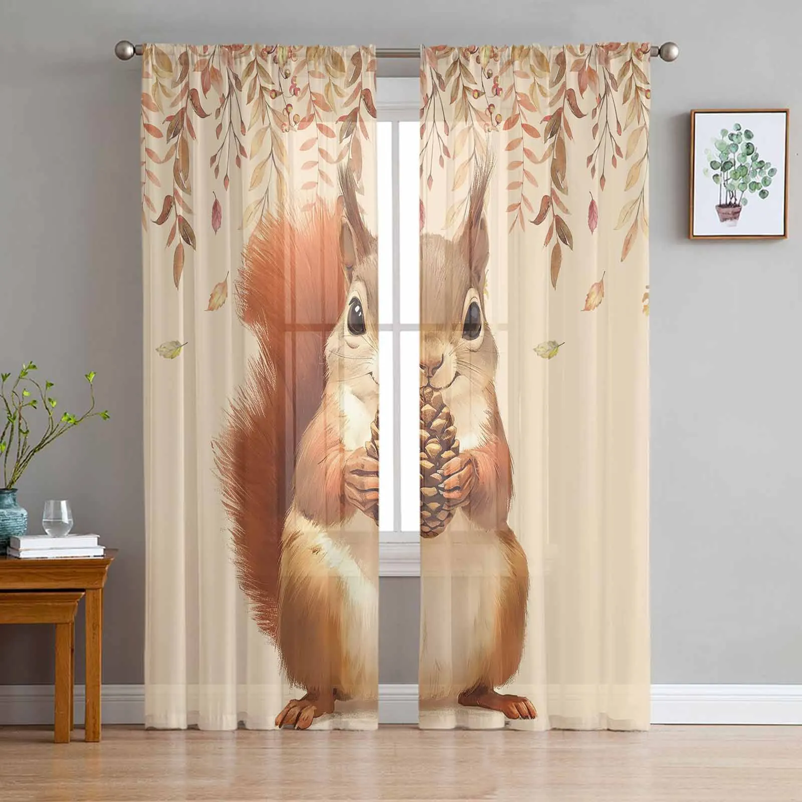 Autumn Herbs Squirrel Window Tulle Curtains for Living Room Kitchen Modern Window Treatments Voile Curtains