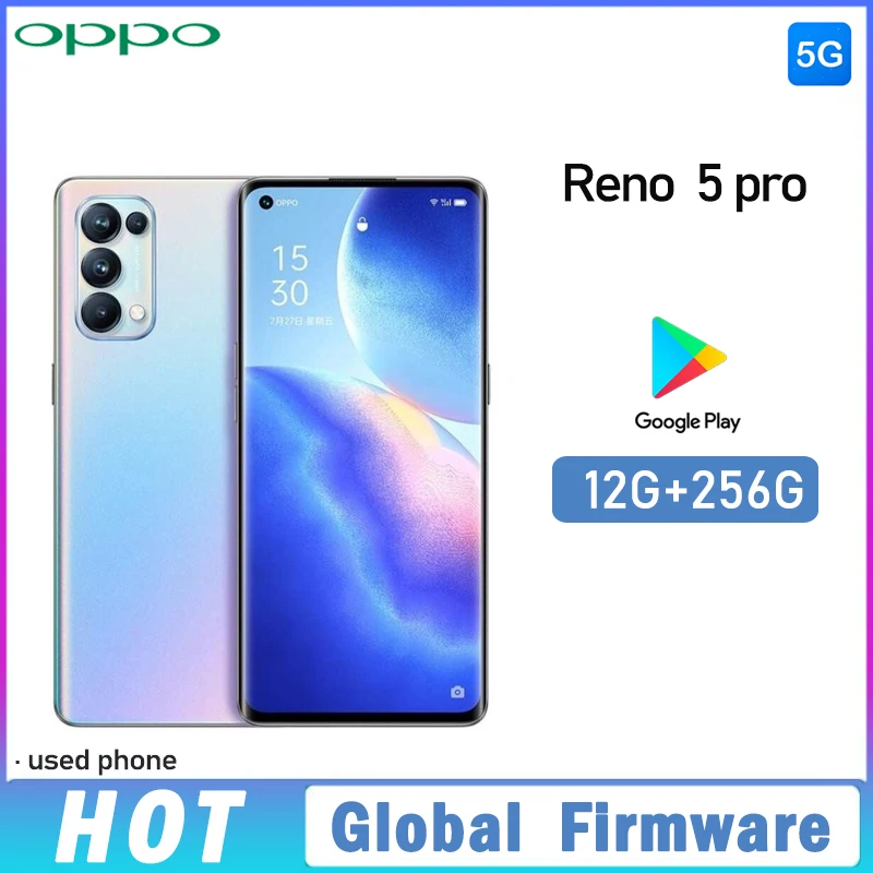 

Global firmware OPPO Reno 5 pro 5G smartphone 12GB 256GB ColorOS 11.1 6.55" 64MP Quadruple camera Dimensity 1000+ used phone