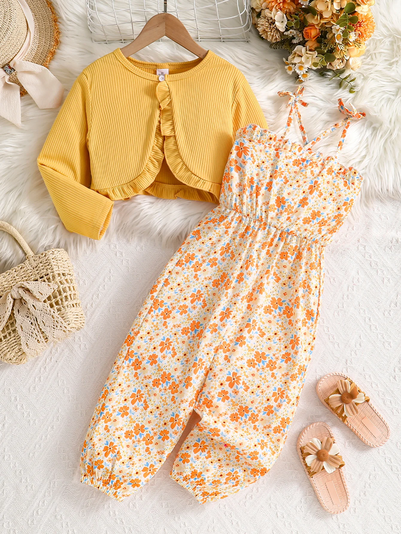 Spring, Summer, and Autumn Girls' Cute Floral Jumpsuit Set, Floral Suspender Lantern Pants + Solid Color Long-Sleeved Short Shawl 2-Piece Set, Girls' Daily Casual Trendy Clothing