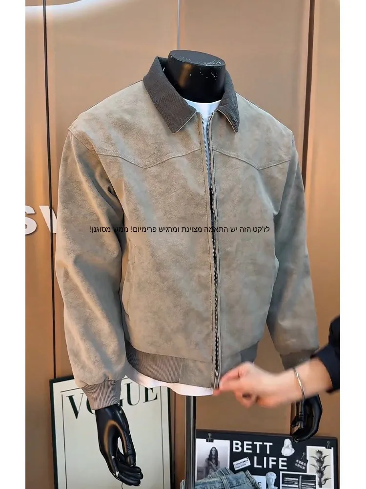 Spring Grey Dyed PU Leather Jacket Baseball Style Short Workwear Coat for Men Casual Flip Collar Flight Jacket