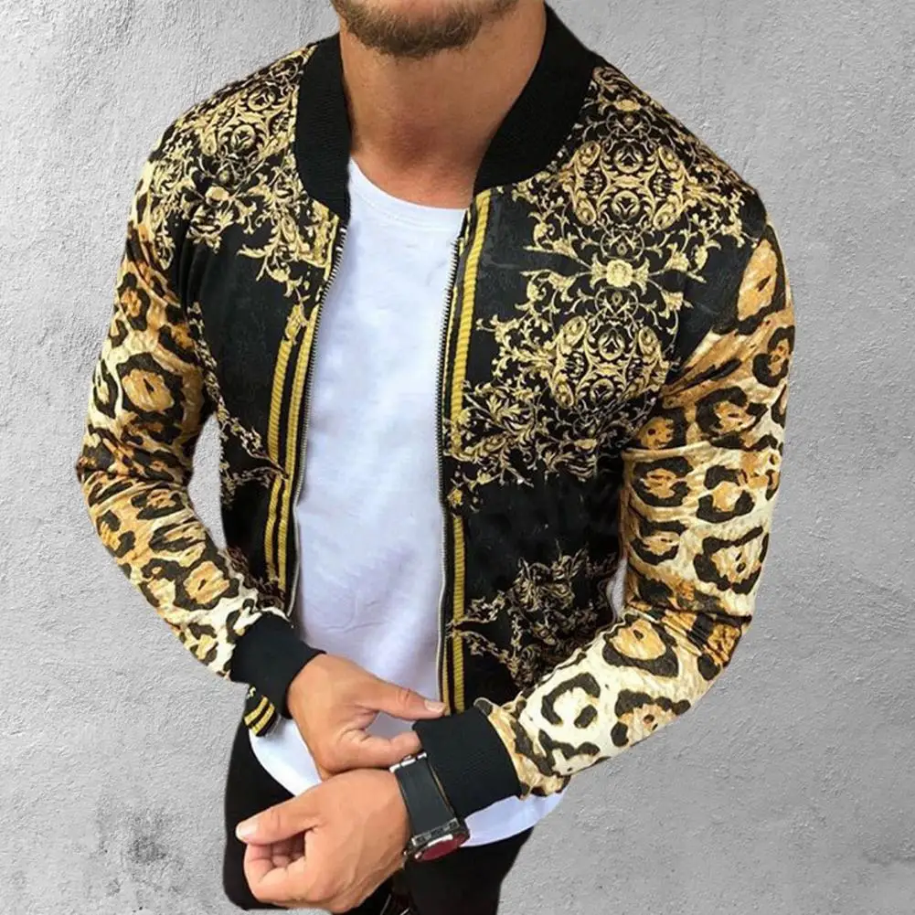 Simple Autumn Coat Vintage Cool Round Neck Long Sleeve Leopard Jacket Stylish Men Coat Tight Wrist