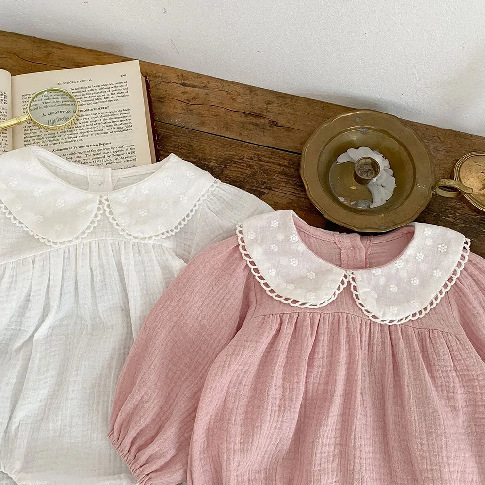 Spring Baby Girls Clothes Toddler Newborn Girls Sweet Princess One Piece Romper Lace Collar Linen Clothing Autumn Outwear