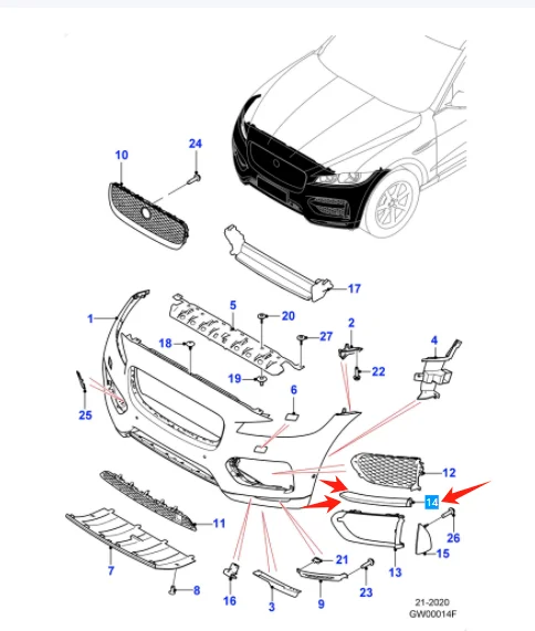 T4A6231 Front Right Side Bumper Cover Molding For Jaguar F-Pace 2016-2020