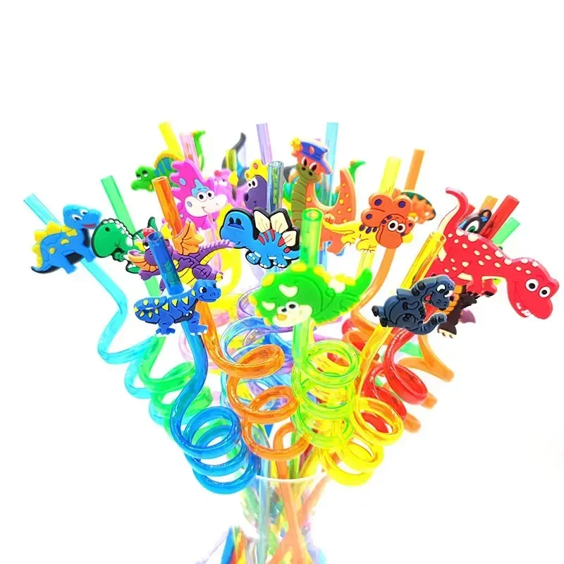 

8pcs 26cm Cartoon Animals Dinosaur Theme Straws Reusable Plastic Spiral Drinking Straws Kids Baby Birthday Party Decorations