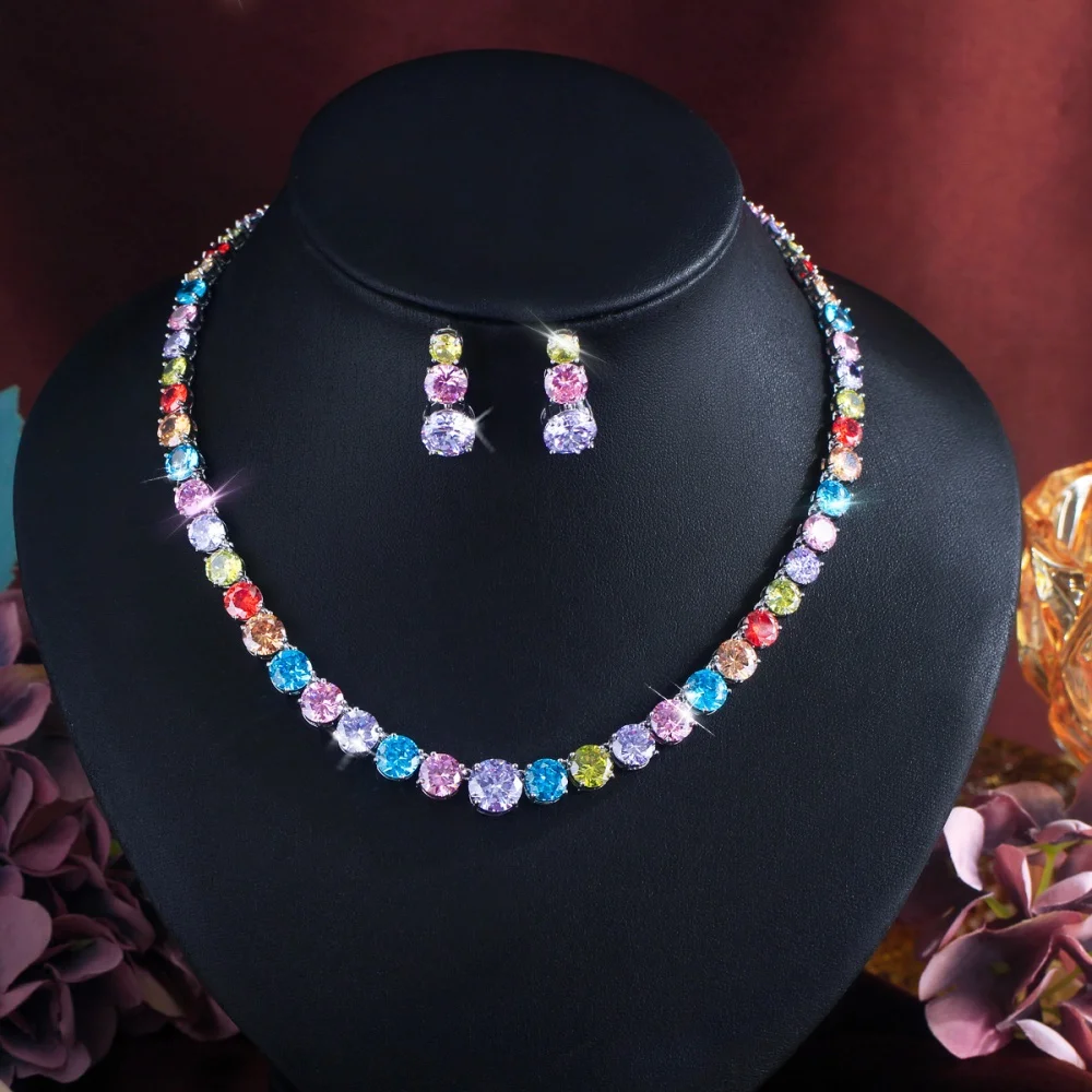 CWWZircons Gorgeous Shiny Rainbow Zirconia Bridal Round Chain Necklace Earrings Sets for Women Wedding Party Jewelry T1036