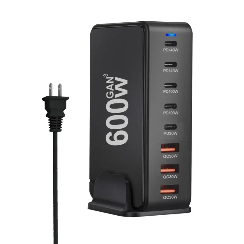 Novo carregador 600W GaN Fast Charge 3.0 USB-C com 8 portas 5C3A PD, portátil e adequado para tablets