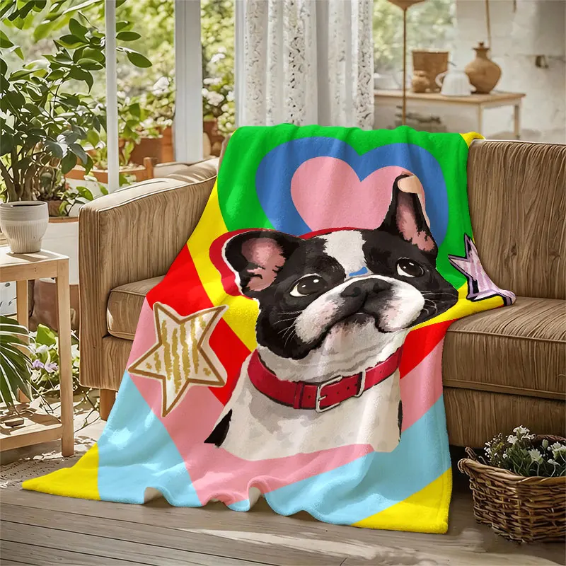 French Bulldog Rainbow Flannel Blanket Perfect for Sofa Office Bed Travel Sleep Read Relax Camping Four Season Use