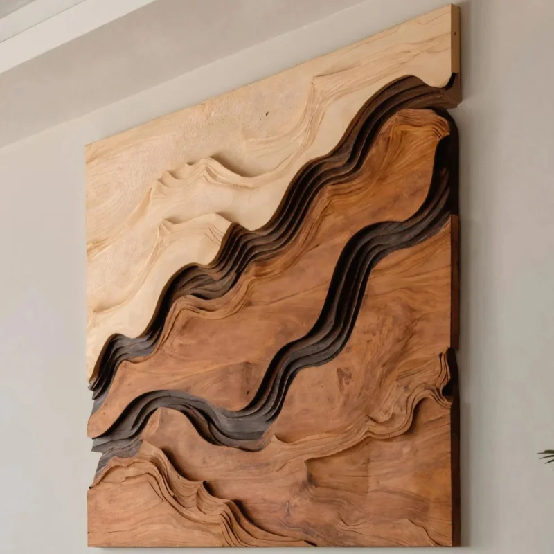 

！@Earthy Gradient Wave Solid Wood Sculpture-Handmade Layered Wall Hanging for Modern Boho Living Area