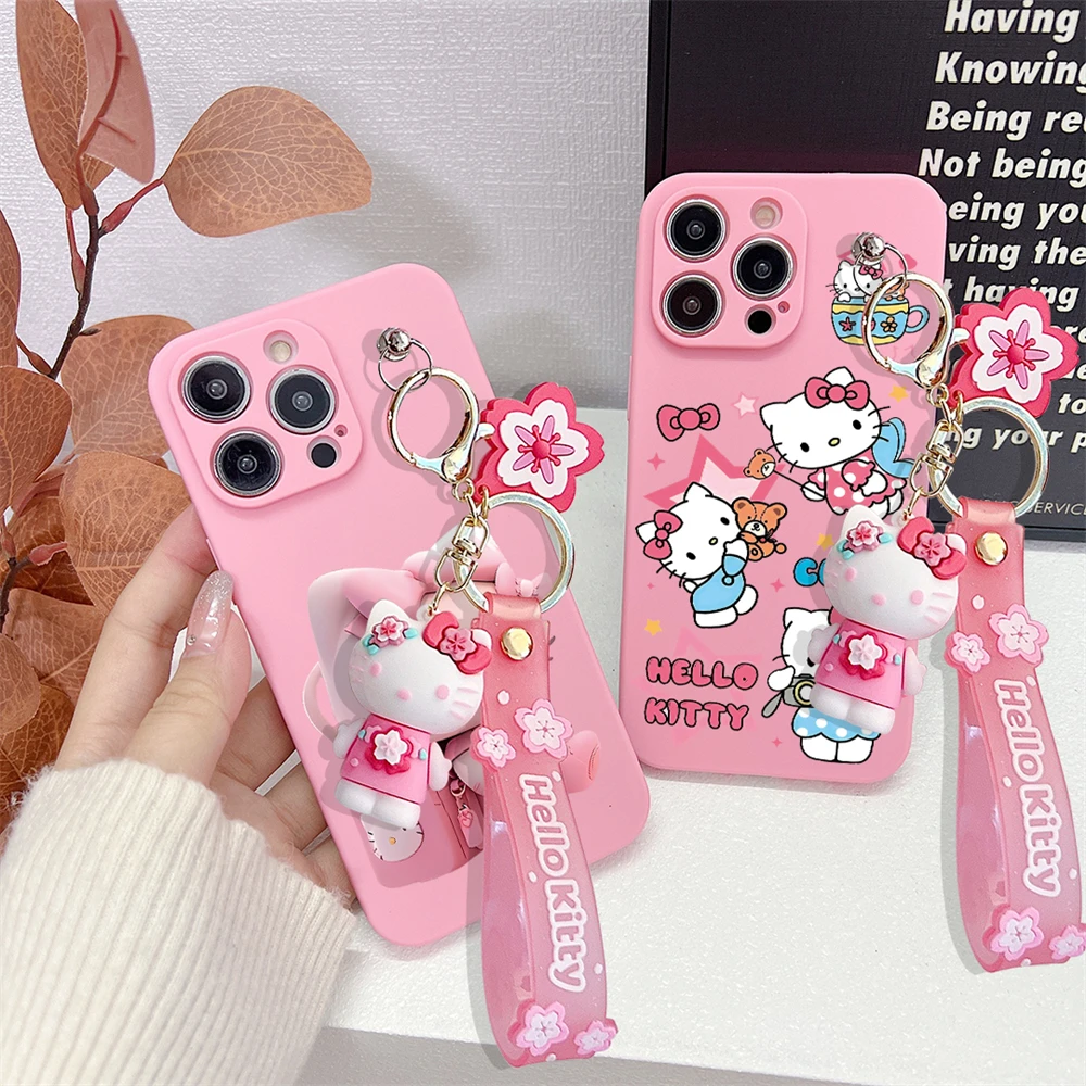 Soft Liquid Silicone Strap Cartoon Hello Kitty Phone Case For iPhone 16 15 14 13 12 11 Pro Max 16 Plus Full Protection Cover