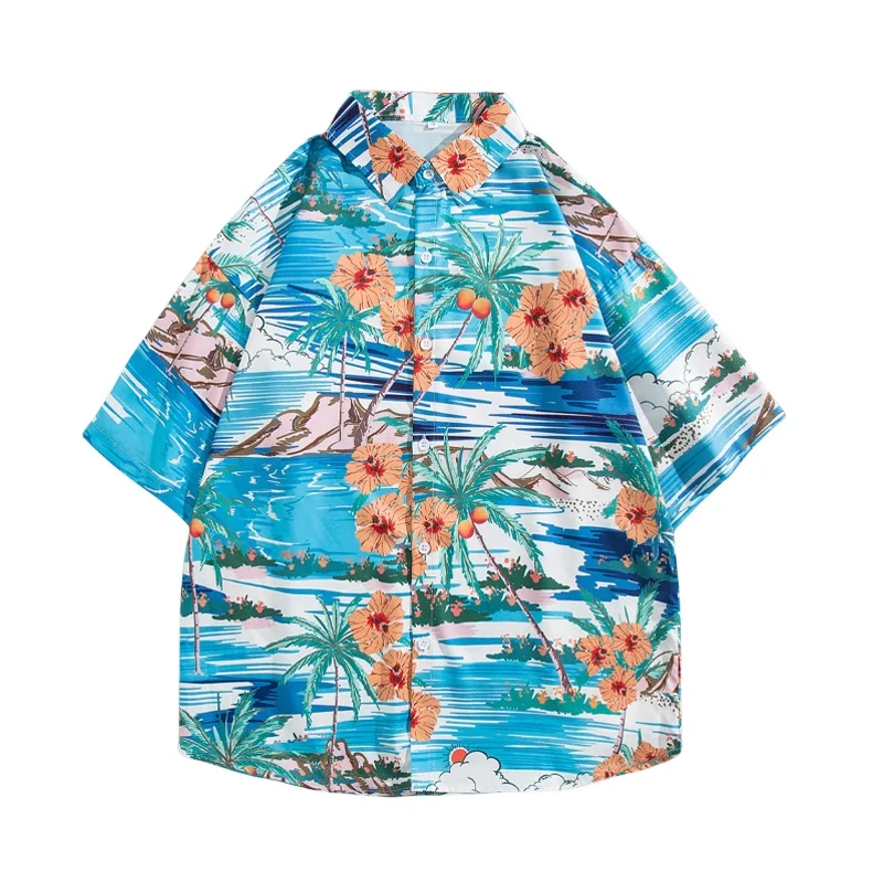 Summer Men's Beach Vacation Short Sleeve Floral Shirt Retro Hawaiian Beach Travel Casual Loose Handsome Printed Shirt Coat