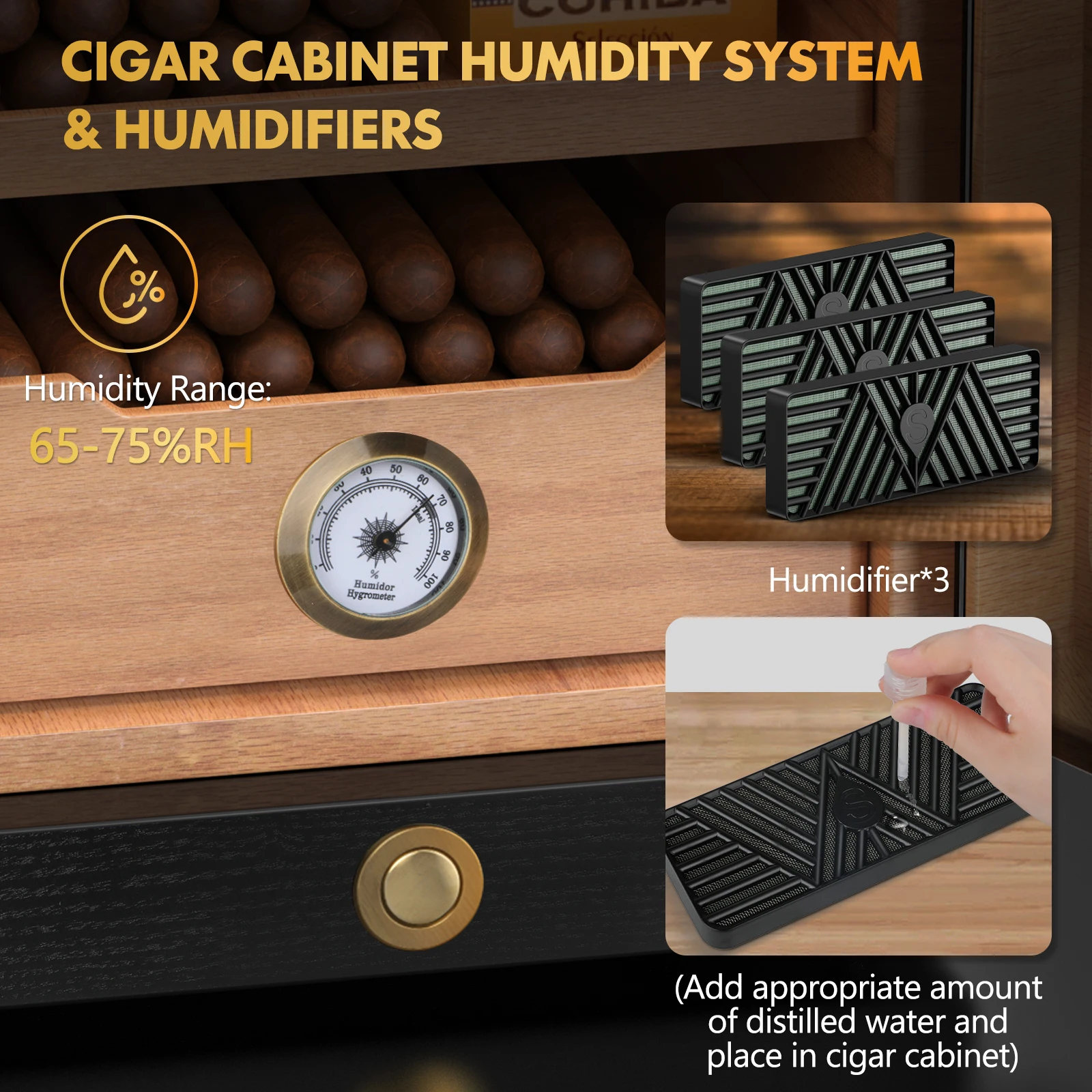 Desktop Cigar Humidor Cabinet, Light Control, Cedar Wood Shelves, Hygrometer, Humidifiers, Cigar Accessories Drawer