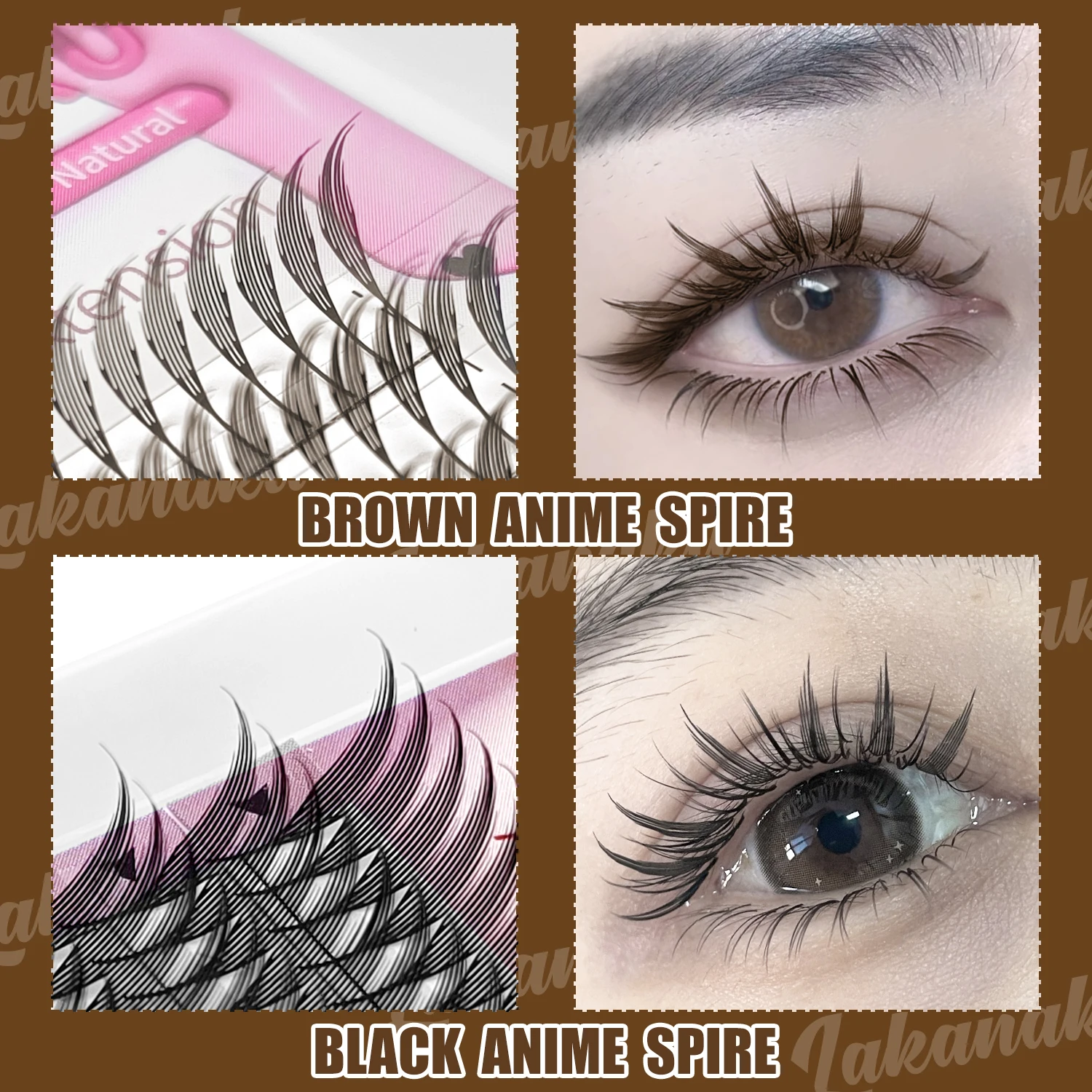 LAKANAKU 깃털래쉬 다크 브라운 만화 스파이어 속눈썹, 깃털 속눈썹, 연장 스파이크 선풍기, 러시아어 개별 볼륨, 애니메이션 청크 스트립 속눈썹, 신제품