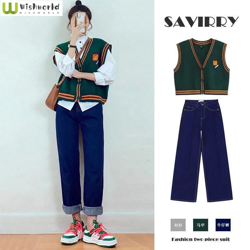 Spring and Autumn Women's Suit 2023 New Korean Version Waistband Shirt Slimming Vest Age Reducing Jeans Three-piece Set